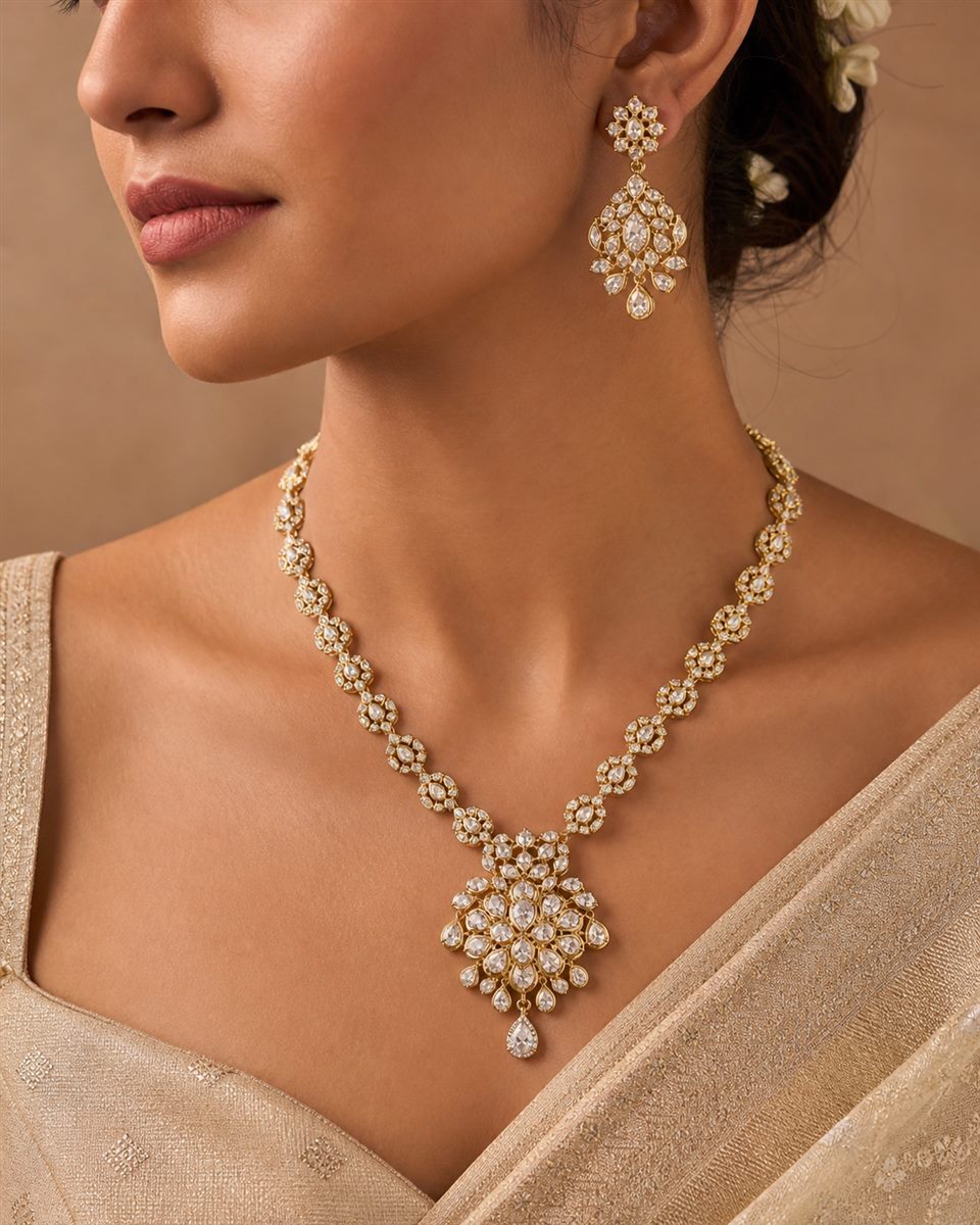 Handcrafted diamond and gold jewellery set worn by a model